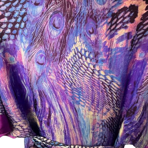 Purple Peacock Feather Print Kimono Robe Satin Trim Boho Lounge Duster One Size - Picture 3 of 6